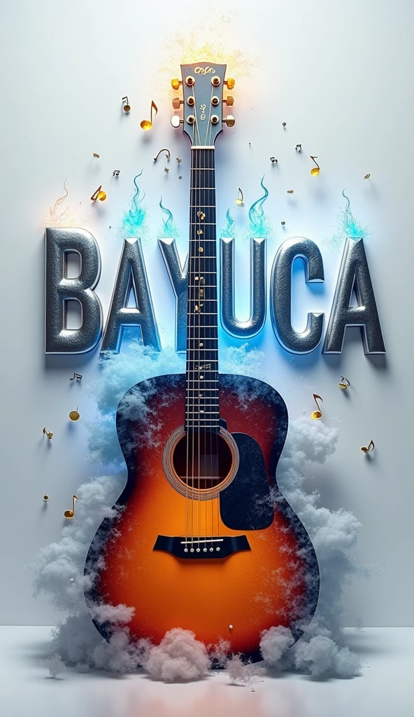 A captivating conceptual 3D render of the name "BAYUCA" written in silver smoke, surrounded by thunder, blue and gold fire, and music notes. The acoustic guitar is shown in a detailed design, and the overall atmosphere is vibrant and dynamic. The white background emphasizes the various elements, creating a unique and visually striking composition. Neon, 3d render, conceptual art, vibrant