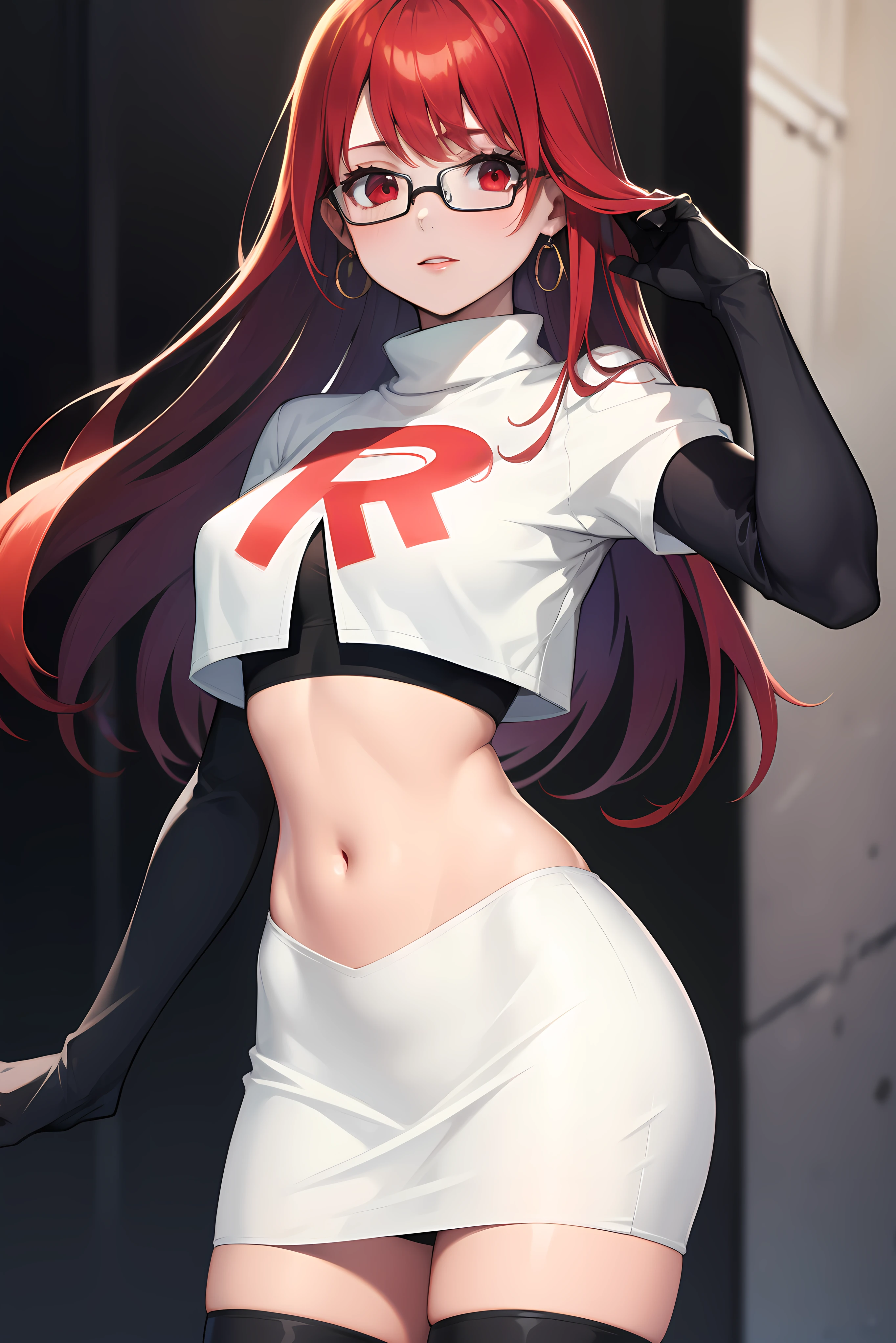 Yoshizawa Sumire, red hair ,long hair, glasses, straight hair, red eyes ,glossy lips, light makeup, eye shadow, earrings ,team rocket,team rocket uniform, red letter R, white skirt,white crop top,black thigh-high boots, black elbow gloves,