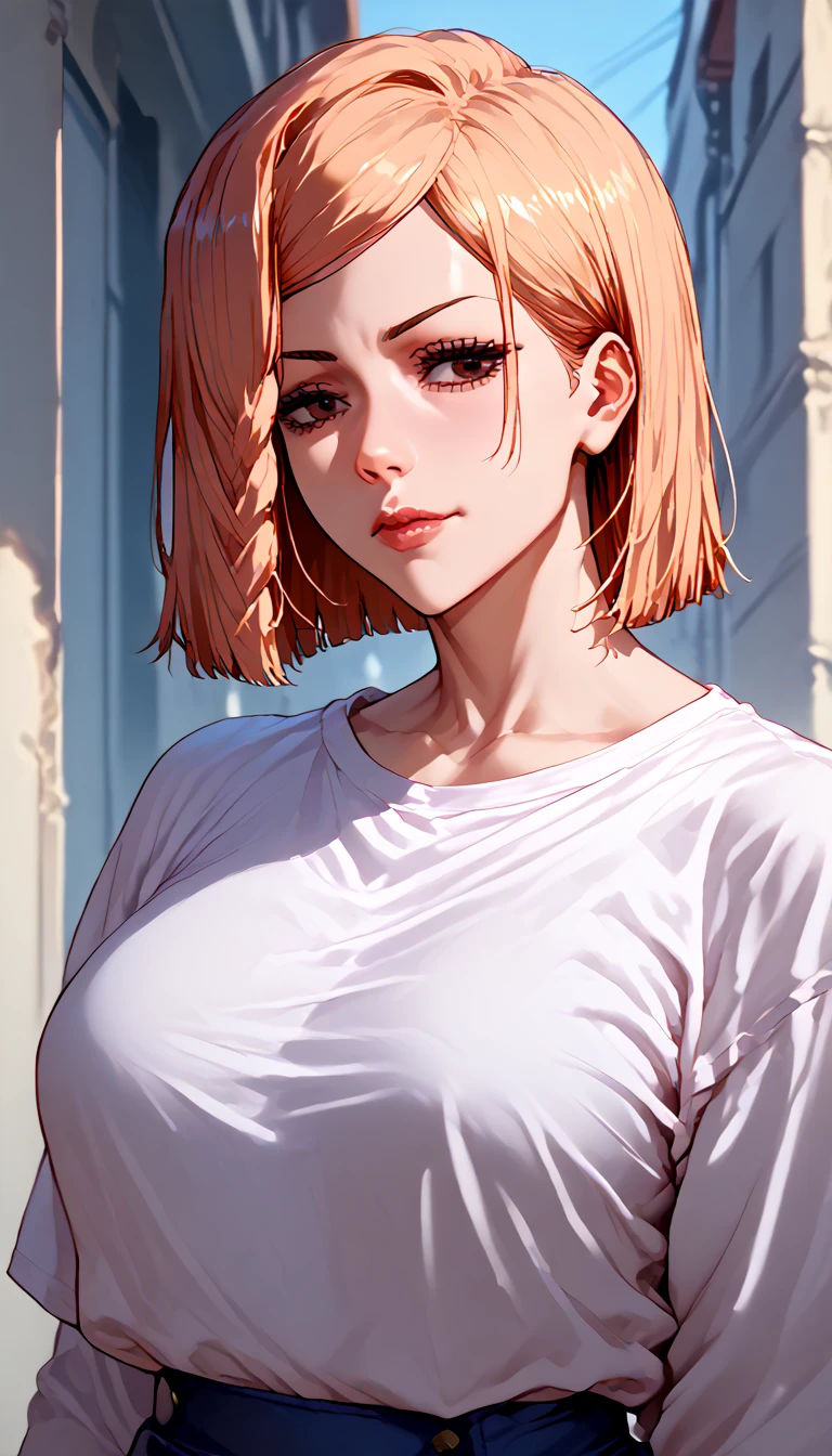 1girl,only wearing oversized tshirt,cowboy shot,upper body, Score_9, Score_8_up, Score_7_up, Score_6_up, Score_5_up, Score_4_up, Source_anime, Tag1, Tag2, Quality_masterpiece, Anatomically correct, Beautiful face, Perfect face, Highly detailed beautiful face and eyes, Attractive face, Detailed face, Delicate facial features, Detailed skin, Embarrassed, shy, ONLY WEAR OVERSIZED TSHIRT, THONG,mei mei from jujutsu kaisen