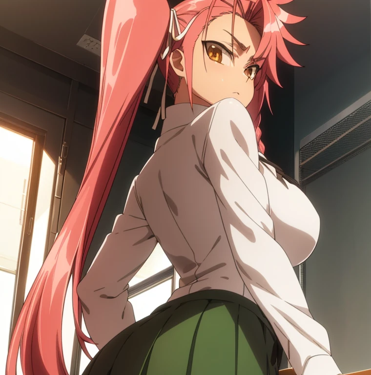 1 , Alone, Saya takagi,  long hair, hair, two braids, ( brown eyes : 1.5), hair hair, pink hair, cups, skirt, shirt, white shirt, pleated skirt, collared shirt, neckline, sweater , gray skirt, hair, red hair, black sweater,  looking at the viewer, standing,  tilted forward ,  arms back , nervous, throw(underneath),  inside the house,  classroom,  Big breasts , ,   wide hips,  medium thighs, round ass, (  masterpiece : 1.2),  best quality,  high resolution, Papel de parede Unity 8k, (  similar to Kemono : 0.8), (  beautiful and detailed eyes : 1.6),  extremely detailed face ,  Perfect lighting ,  extremely detailed CG  (Perfect Hands, perfect anatomy),