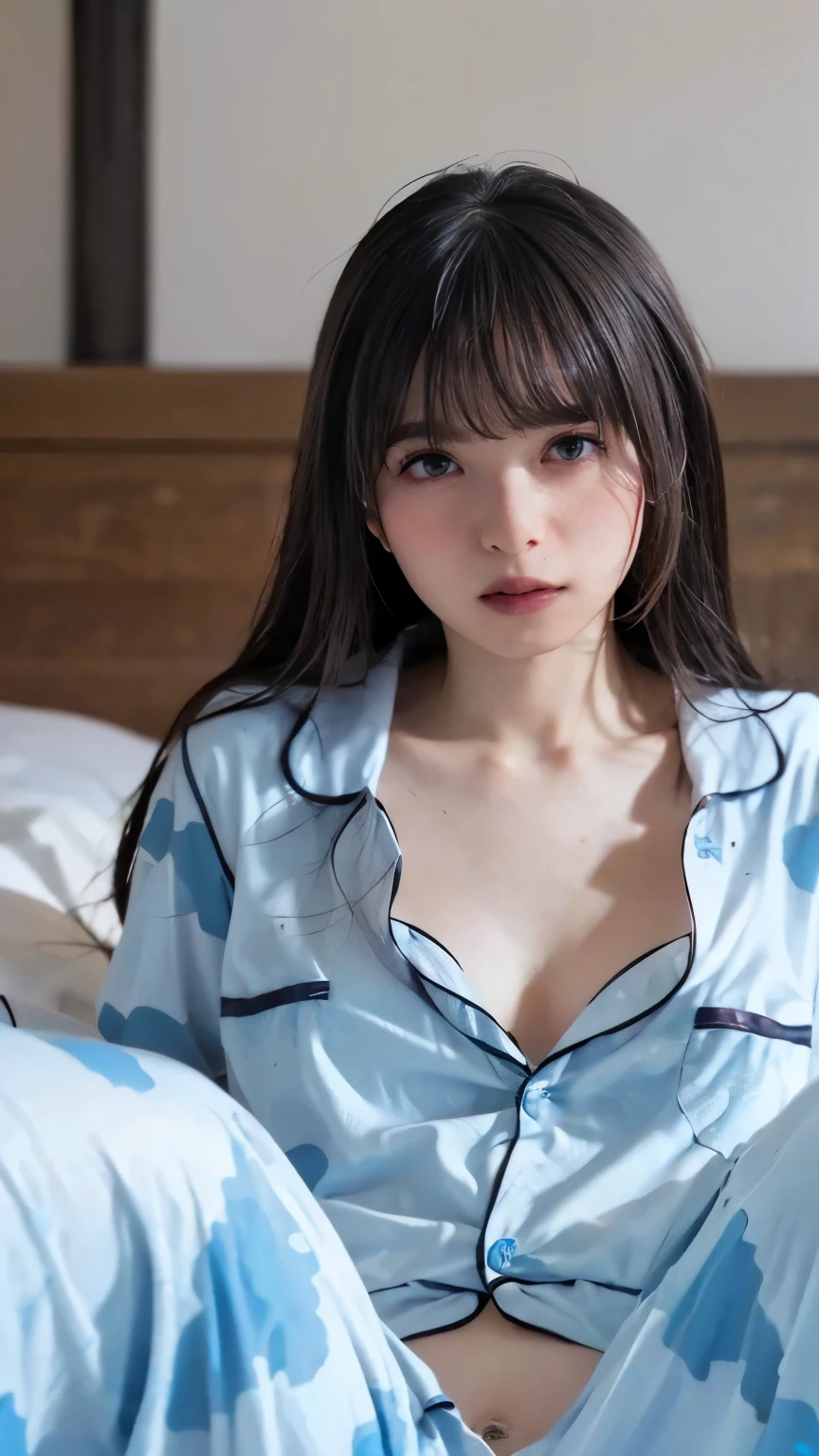 1 girl, alone focus,  (open front shirt,pajamas:1.5), ( long hair,bangs :1.5),highly detailed eyes, (white skin:1.1,heavy makeup), highest quality, Super detailed ,on the bed,pregnant woman,(m legs:0.5),Water breaks