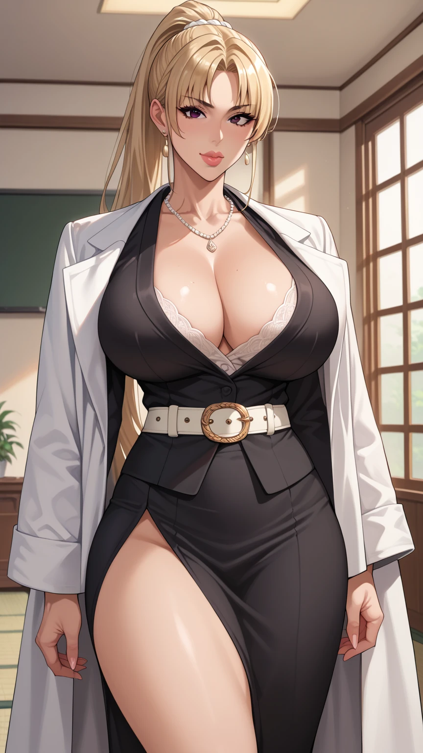  Japanese Anime,  Tag 2,    best quality ,    high quality,    detailed,    high resolution, 8K, 超  high resolution,   soft saturation  , Professional quality  , Perfect contrast, perfect lighting,    anatomically correct  ,    and huge breasts  , Wide hips,    huge ass   ,   sensual woman  ,   Mature Women  , maternal,    long hair, blond ,   Split Bangs  , High Ponytail , black eyes , Full, Full的嘴唇, Thick lips,  Standing,  Show off your career  ， Black Kimono ,  white coat, White strap， Front view，whole body，belt， 