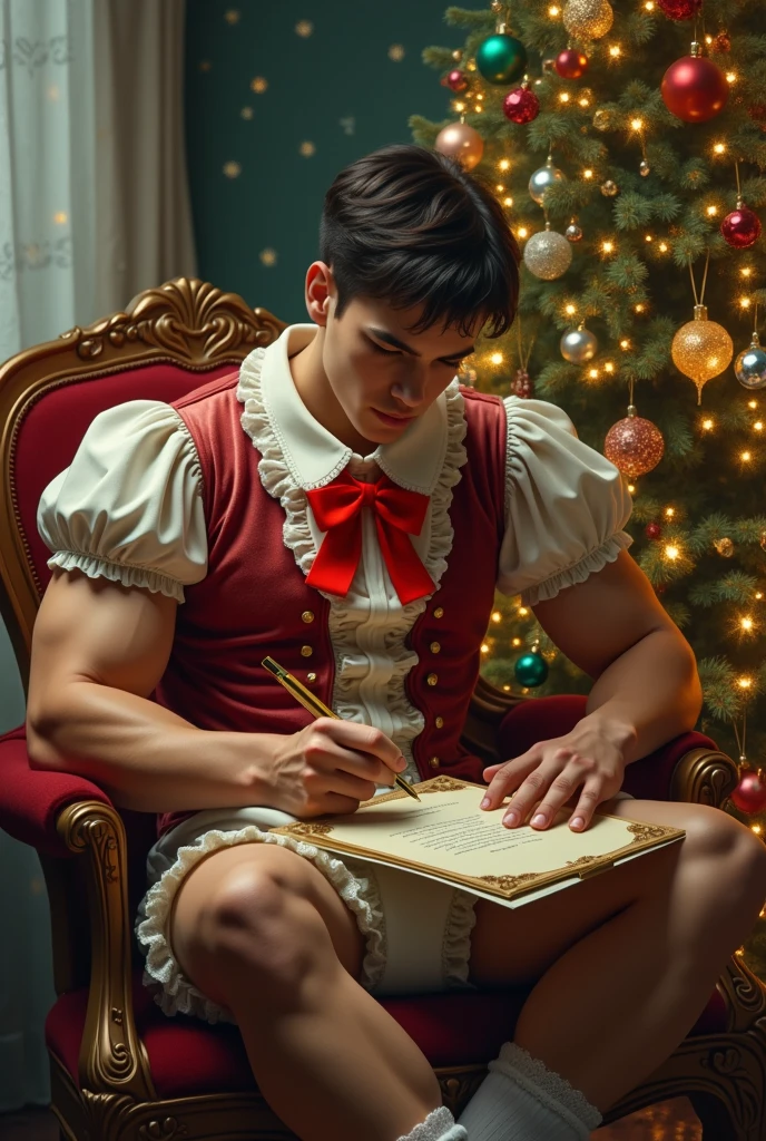 Asia handsome man in underwear reading a book in front of a christmas tree, reading a book, reading new book, dramatic reading spell book pose, dramatic reading book pose, he holding a large book, trying to read, story book for adults, with tattoos, reading the book about love, holding a book,sexy,nsfw,hot nerd,muscular