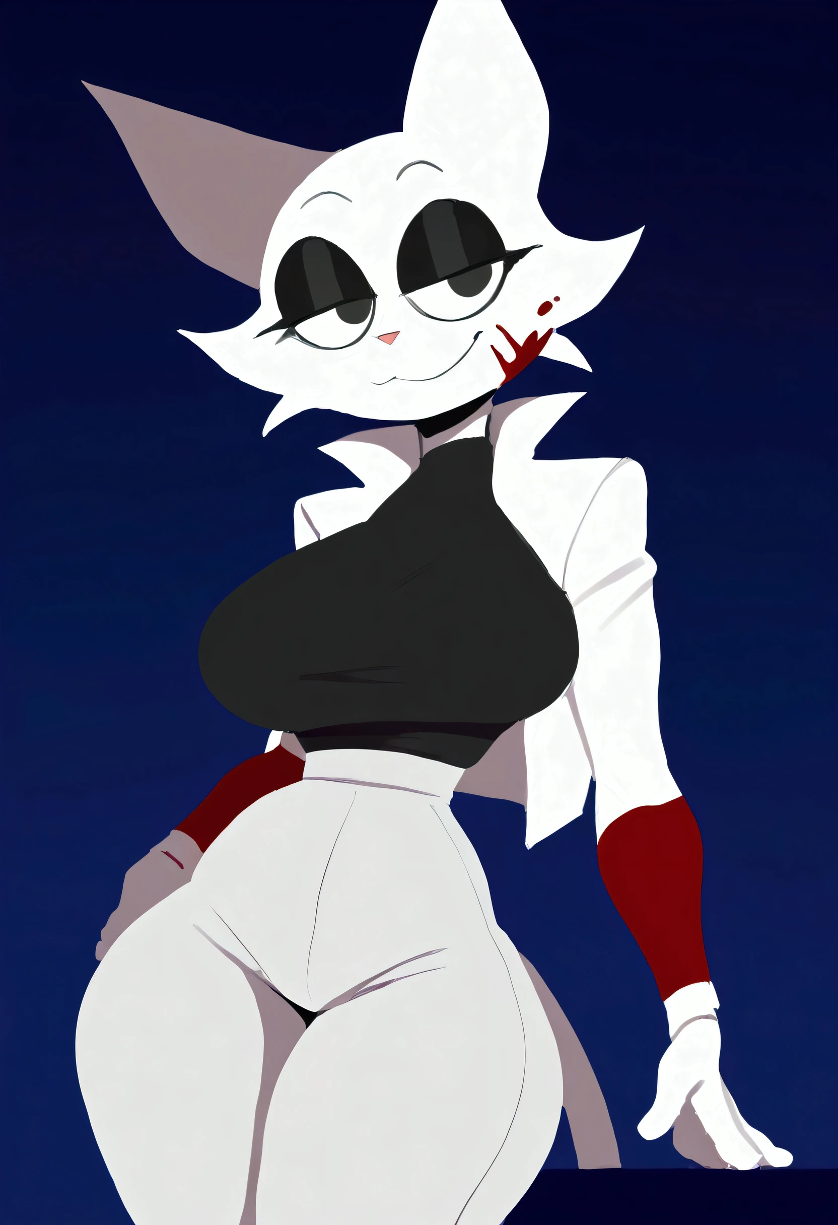 Angel Dust Hazbin Hotel,  female, (small bra), panties, gloves, thighhigh boots, bowtie, huge breasts, huge hips, highly detailed, hi res, high resolution, bedroom, red theme, looking at viewer, smile, thick, ((half length portrait)), sitting, huge nipple outline, nipple slip, ((cleavage overflow)), tight bra