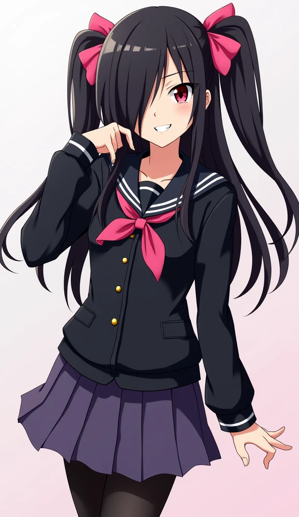 solo, (A superb exquisite Chitanda Eru), (adult face), (finely detailed beautiful eyes: 1.2), purple eyes, long black hair, natural straight hair, straight bangs, [Small_breasts: large_breasts: 0.5], bright lips, slender waist, straight curves, [8K full HD], (masterpiece:1.4), (((white background, blush, IDOL style, fashion clothes, smile, dress with skirt up)))
