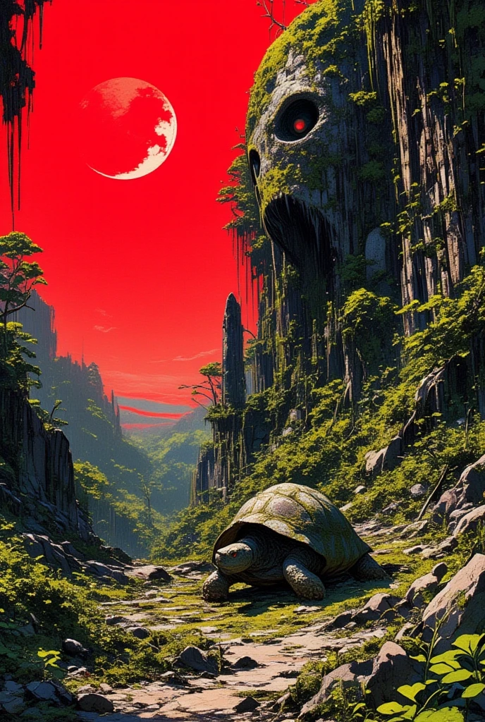 Forgotten ruins in the Ancient Jungle、Moss and Stone Art 、Ancient Jungle、tortoise、Hallucinatory Art 、 dmt Death of Ego 、 Psychedelic Horror 、Red Sky、Murder Snails 、 Highly Detailed Visionary Art 、 DMT Egodes 、 Shamanic Fears 、LSD art