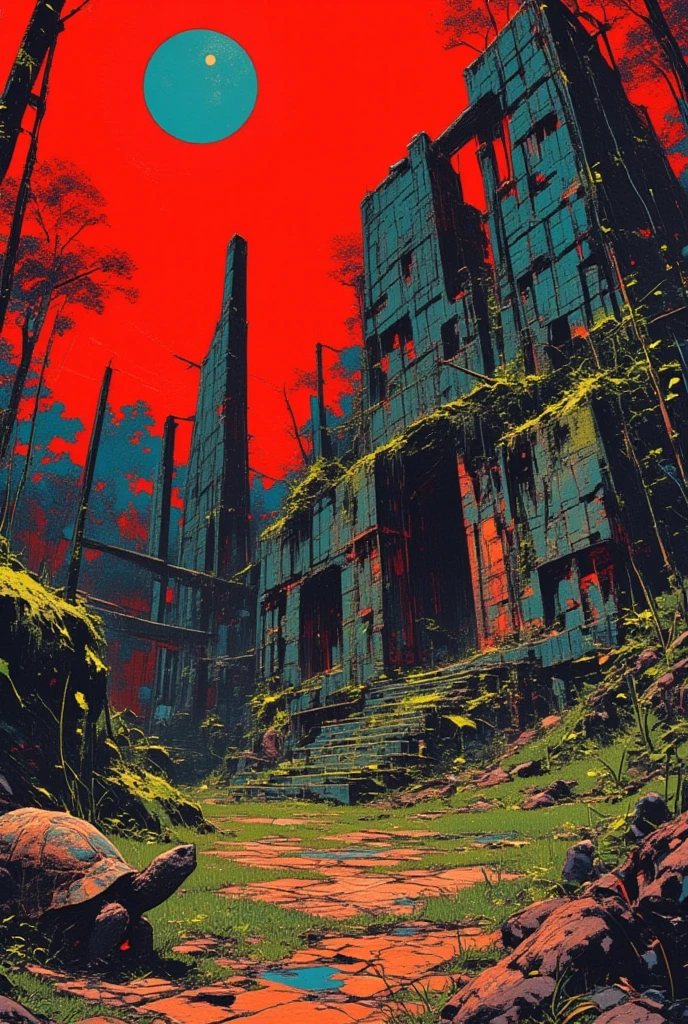 Forgotten ruins in the Ancient Jungle、Moss and Stone Art 、Ancient Jungle、tortoise、Hallucinatory Art 、 dmt Death of Ego 、 Psychedelic Horror 、Red Sky、Murder Snails 、 Highly Detailed Visionary Art 、 DMT Egodes 、 Shamanic Fears 、LSD art