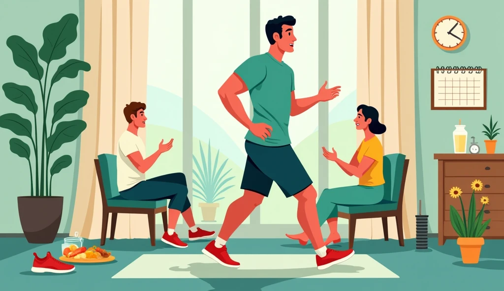 Illustrate a humorous yoga class scene where an adult man is struggling to do a difficult yoga pose, trying hard to touch his toes, but his expression shows frustration and determination. Nearby, a female instructor with a playful smile comments with a teasing gesture, suggesting even touching his chin with his knee might be impossible. The background shows other students balancing with ease, creating a light-hearted, funny atmosphere with a mix of yoga elements and exaggerated expressions to em