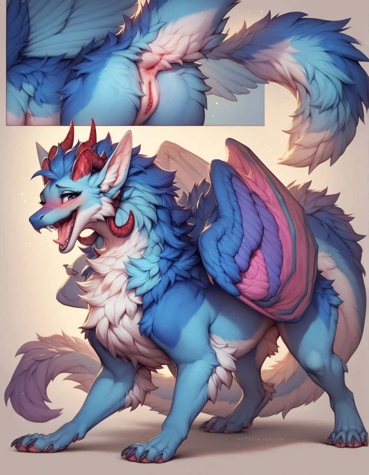 furry art, feral, furred dragon, female, full body, white and blue fur, thicc, wings, horns, tail, chest fluff, paws, fangs,  ton back, close up, embarrassed, happy, bent over, bent over with her ass to the viewer , extra fluffy,  extra fluffy, quadruped, 