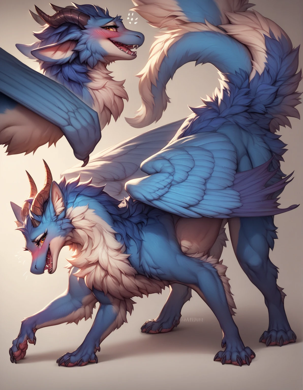 furry art, feral, furred dragon, female, full body, white and blue fur, thicc, wings, horns, tail, chest fluff, paws, fangs,  ton back, close up, embarrassed, happy, bent over, bent over with her ass to the viewer , extra fluffy,  extra fluffy, quadruped, 