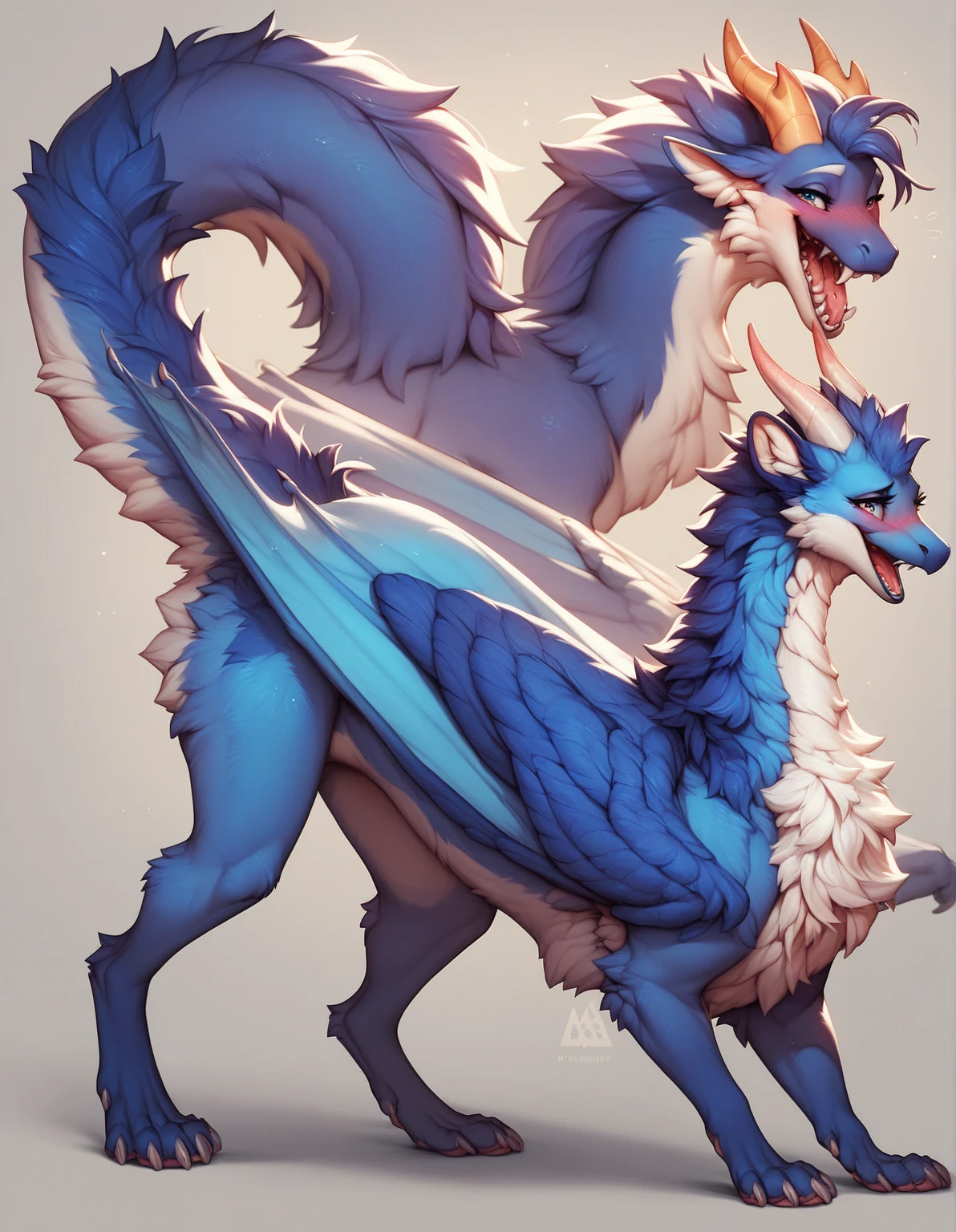 furry art, feral, furred dragon, female, full body, white and blue fur, thicc, wings, horns, tail, chest fluff, paws, fangs,  ton back, close up, embarrassed, happy, bent over, bent over with her ass to the viewer , extra fluffy,  extra fluffy, quadruped, 