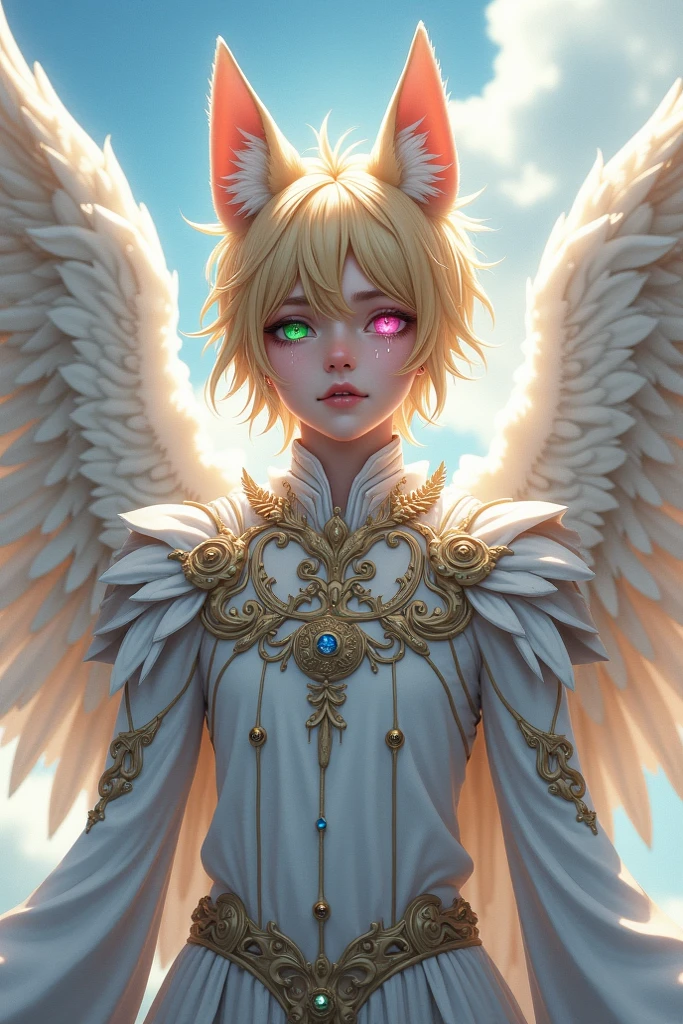 Male character with blond hair, one green eye and one pink eye, a half-human hybrid fox with angel wings crying in the sky in an angel suit