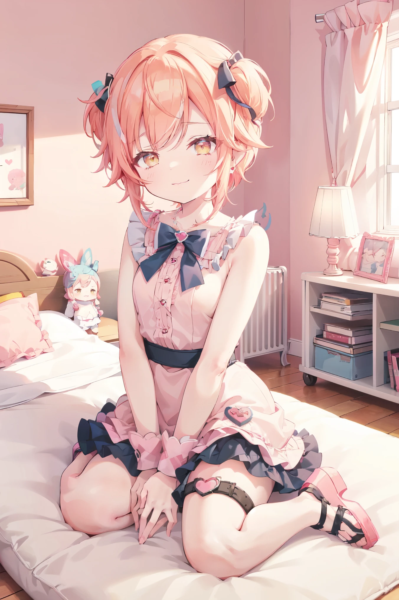 sunlight,  pastel colors ,  pastel colors , , blush, blush, thighs, pink room, happy:2.0, joyful, excited, pink room, pink wall, pink wallpaper, pillow, orange hair, yellow eyes, shy, kindergarten:2.0, aged down, nursery, pink room, bedroom, bed, sylveon:3.0, young girl:3.0, pink, Alone, bangs, blush, thick lips, heart:10.0, flat chest:500.0,  chubby:500.0, fat:160.0, ( pink kawaii room )),,((pink gothic room)),(((aroused, seductive smile, blunt bangs:100.0,  with bangs:100.0, sittng, arm under breasts, topless:300, The march, heart item, small window))), smiling:50.0, chubby, lose-up,, very short hair, miniskirt:20.0, platform shoes, very short skirt, thigh strap 