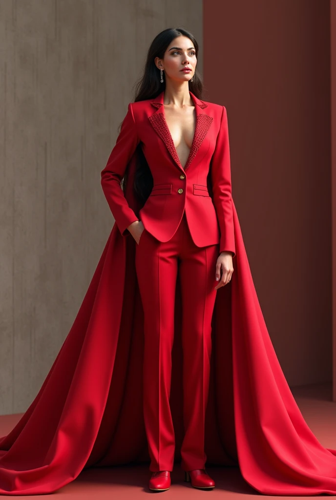 Hijabi women wear two-piece office dress set, pencil maxi skirt, wear red peplum blazer with puff sleeves, skirt have a very long train about 7 meter long, wear jewellery, sexy pose in office room