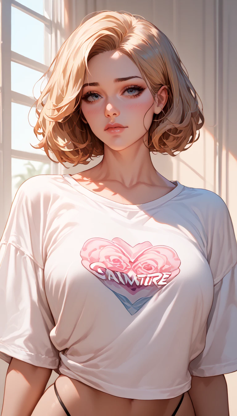 1girl,only wearing oversized tshirt,cowboy shot,upper body, Score_9, Score_8_up, Score_7_up, Score_6_up, Score_5_up, Score_4_up, Source_anime, Tag1, Tag2, Quality_masterpiece, Anatomically correct, Beautiful face, Perfect face, Highly detailed beautiful face and eyes, Attractive face, Detailed face, Delicate facial features, Detailed skin, Embarrassed, shy, ONLY WEAR OVERSIZED TSHIRT, THONG,