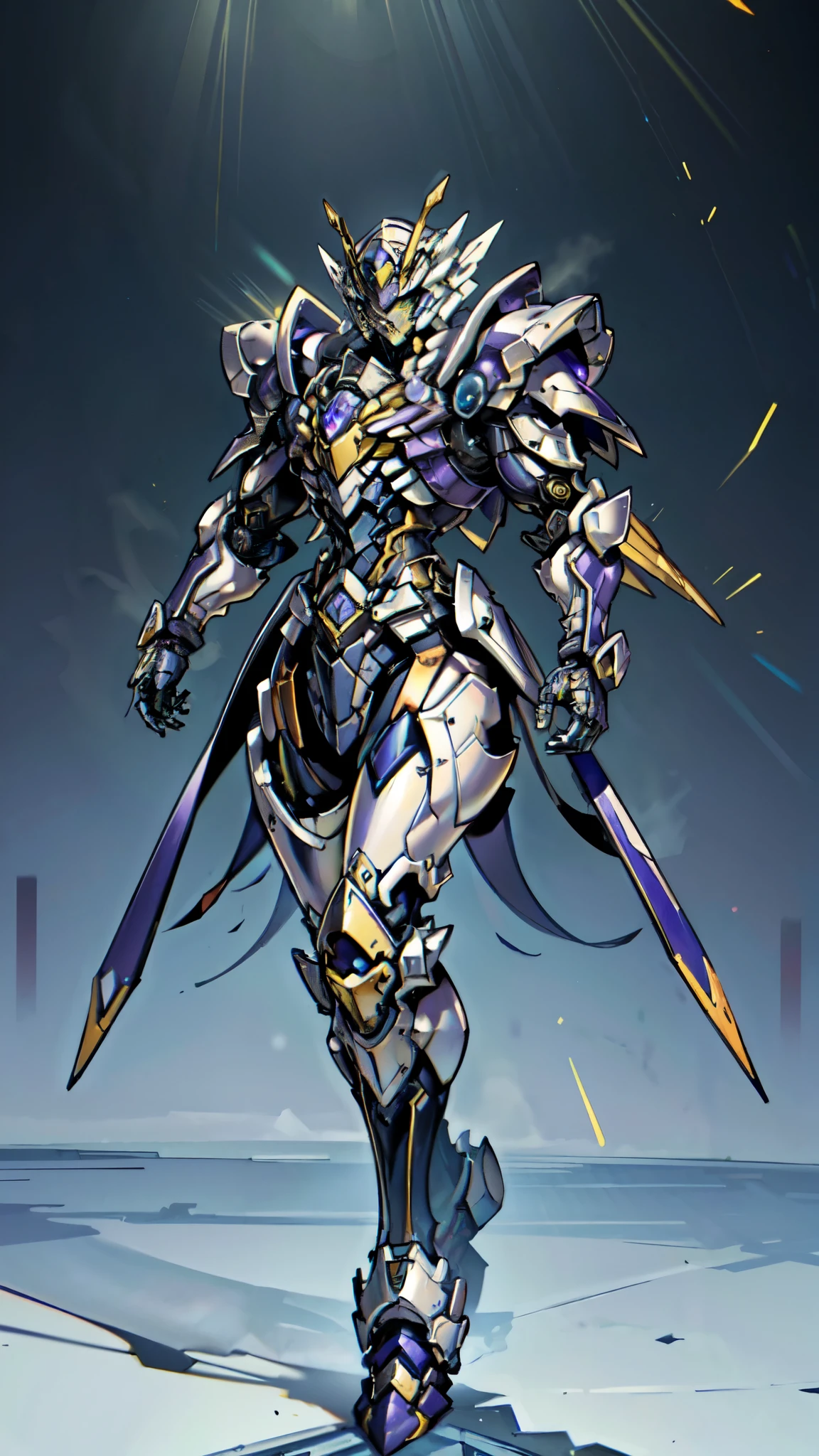 (masterpiece:1.5, best quality:1.5, extremely delicate:1.5), a woman wearing a full-face helmet, high-tech biomimetic armored combat suit, (a composite layered chest armor), the design balances heavy with agility, fully enclosed shoulder guards, matching arm and leg guards, a belt of gemstone, (the color scheme is primarily Purple with Blue and Yellow accents, Organic Biotech, Concept Inspired by queen bee, glowing eyes, armor glows), stand of a futuristic sci-fi city, this character embodies a finely crafted fantasy-style armored hero in anime style, exquisite and mature art style, metallic, high definition, highres, ultra-detailed, ultra-fine painting, professional, perfect body proportions, golden ratio, anatomically correct, symmetrical face, extremely detailed eyes and face, high quality eyes, creativity, RAW photo, UHD, 32k, Natural light, cinematic lighting, (masterpiece-anatomy-perfect:1.2)