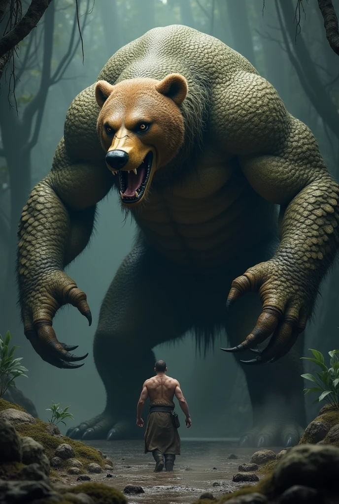 arafed man standing next to a large bear in a dark room, giant bear human hybrid, man bear pig, national geographic photoshoot, muscular and terrifying, by irakli nadar, grizzly, still from a live action movie, profile pic, photo manipulation, muscular characters, wojtek fus, national geographic photo shoot, movie still 8 k