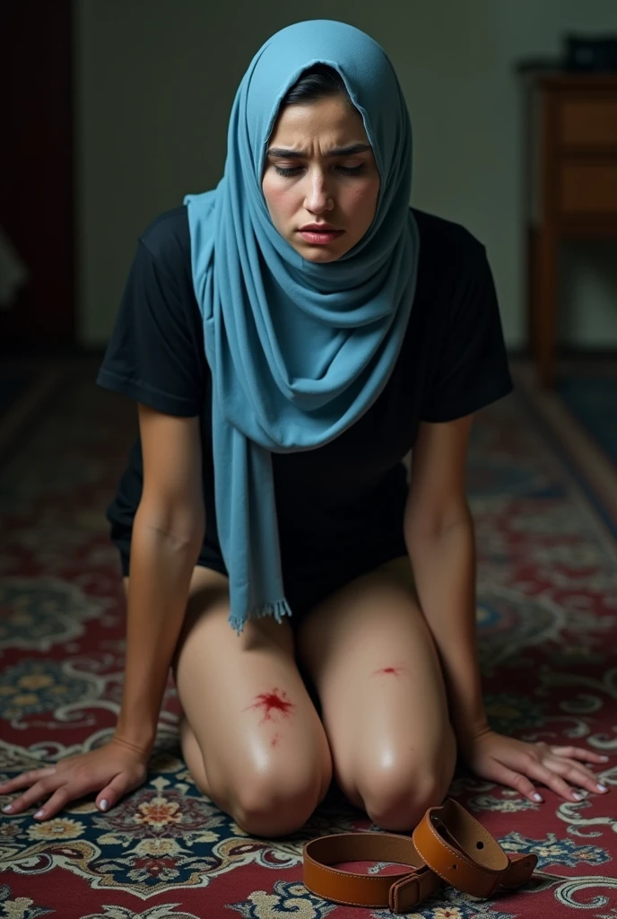 Pale skin Kurdish woman in hijab nude body sitting in room beated scar bleeding nose crying sad view from top completely nude completely naked 