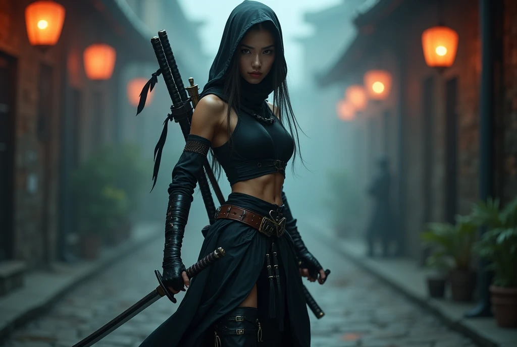 Elden Ring style, Dark Souls style, woman warrior, one handed katana, dark outfit, yellow lightning, eastern warrior