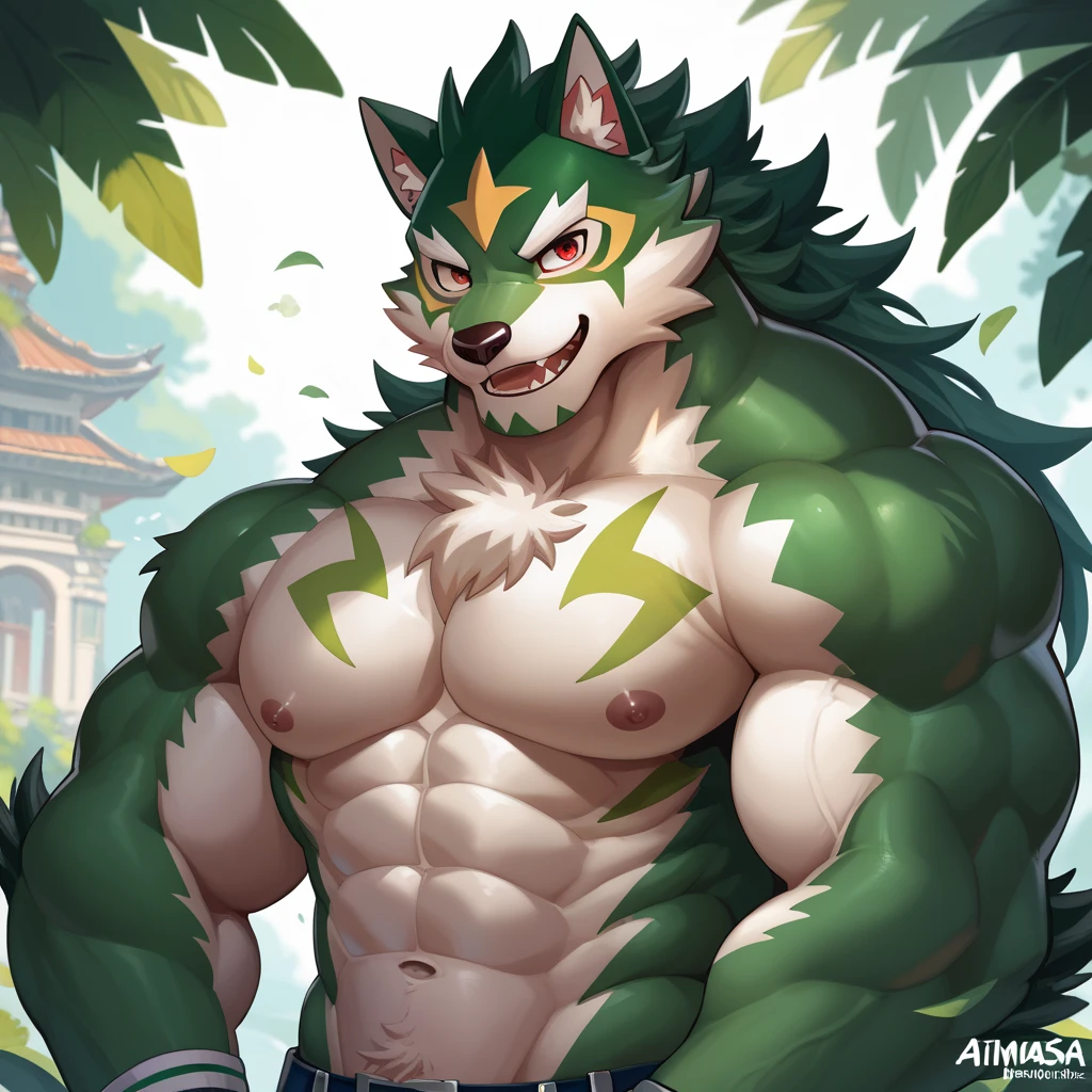 (male focus, Handsome 1boy, solitary:1.1)，protrait photo，single, (White nails:1.3), White thick eyebrows, White-green hair, Glowing eyes, (Light green ears, Light green skin, Light green body:1.2), (Perfect light green eyes,:1.4), (Light blue hands, Light green feet:1.3), 
wolf, wolf boy, wolf body, feet, (evil eyes, big eyes, large eyes:1.4), Chubby, Wolf paw, Bare neck,Larger face, Wolf Tail, 
Pure red fig leaf, Pure red loincloth, tattered red cloth, (Completely naked, Naked:1.4), 
(full body:1.2), Whole body, (Mature men:1.2), (muscle,Strong male, muscle男, Bare chest muscles:1.1), (bulge:1.2), Red nipples, (Abdominal muscles:1.4), (Strong legs::1.1), Standing, (Looking at each other, Focus, Eyes gaze:1.1), despise, conceited, arrogant, Grin, (evil smile, evil grin:1.3), 
full background, Black liquid, dark green sky, Dark green smoke, (Dark green background, Dark environment, Fragmented ground:1.1), Chaotic environment, 
Mysterious and romantic atmosphere, Caustic lines(refraction, polarization)Perfect anatomical structure, absurd, Detailed background, Delicate eyes,Printing style。（artist:Takemoto Arashi）