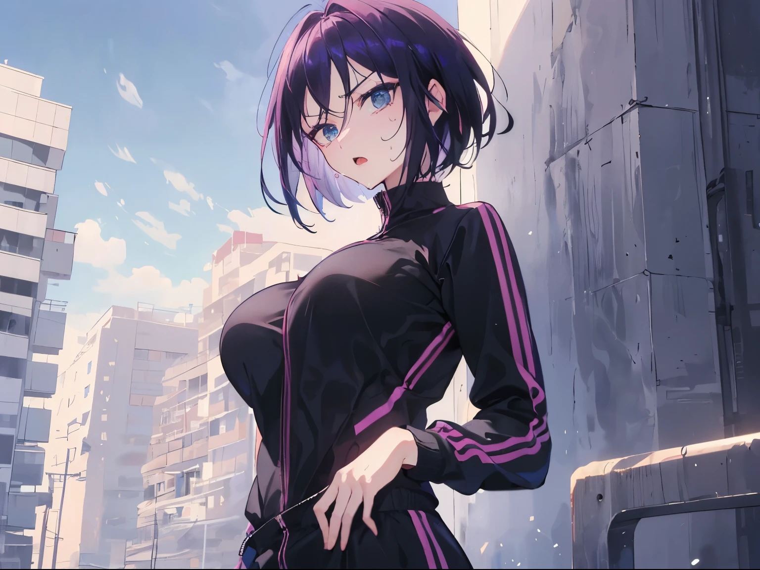 (serious, glaring, open mouth), 1 girl, upper body, (facing viewer, looking viewer), (blue eyes), ((sanpaku)), (purple hair, straight hair, very short hair, large breast), (((black sweatsuit))), (promenade, outdoor), Sharp Focus, (Best Quality, masterpiece, detailed, facial focus), (solo shot), standing straight, ((waist)), sweat, standing straight