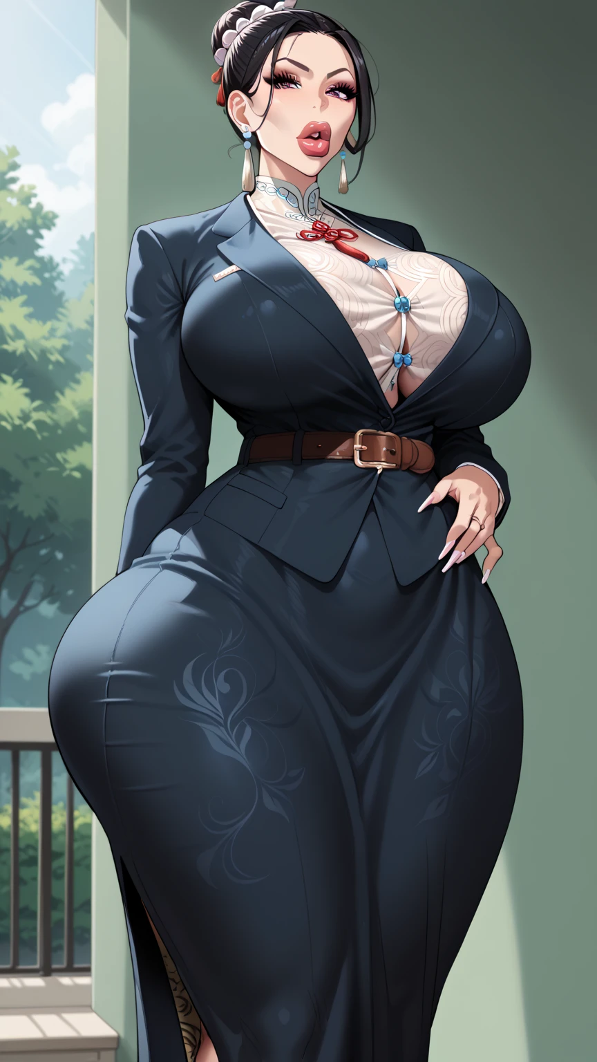  Japanese Anime,  Tag 2,    best quality ,    high quality,    detailed,    high resolution, 8K, 超  high resolution,   soft saturation  , Professional quality  , Perfect contrast, perfect lighting,    anatomically correct ,    and huge breasts  , Wide hips,    huge ass   ,   sensual woman  ,   Mature Women  , maternal,  Full, Full的嘴唇, Thick lips,  Standing,  Show off your career  ， Front view，whole body，belt，fellatrix style，qipao