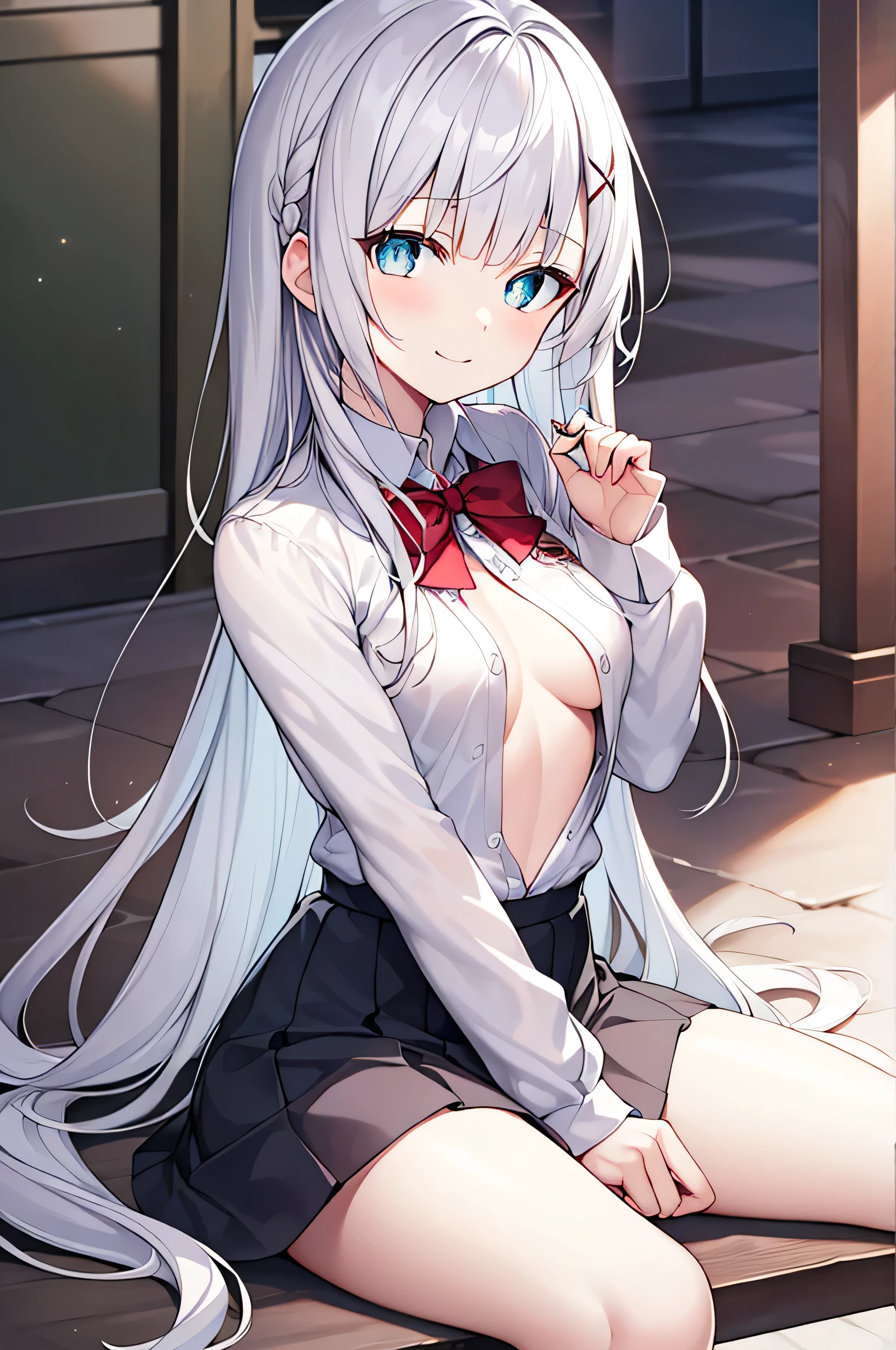 detectiveLunch break,  Smile,  long hair,  bangs,  blue eyes, shirt, Hair accessories, Long sleeve, skirt, bow, White hair, Hairpin, blunt  bangs, bowtie, red bow, x Hair accessories, red bowtie, Lunch break, (Medium bust size:1.2), nipple bulge ，nipple， rest looking at viewer, rest outside, rest (masterpiece:1.2),  best quality,  high resolution,  Unity 8k Wallpaper, (illustration:0.8), ( Beautiful Delicate Eyes :1.6),   with an extremely delicate face , perfect lighting,  Extremely Detailed CG, (Perfect hands,  Perfect Anatomy ),