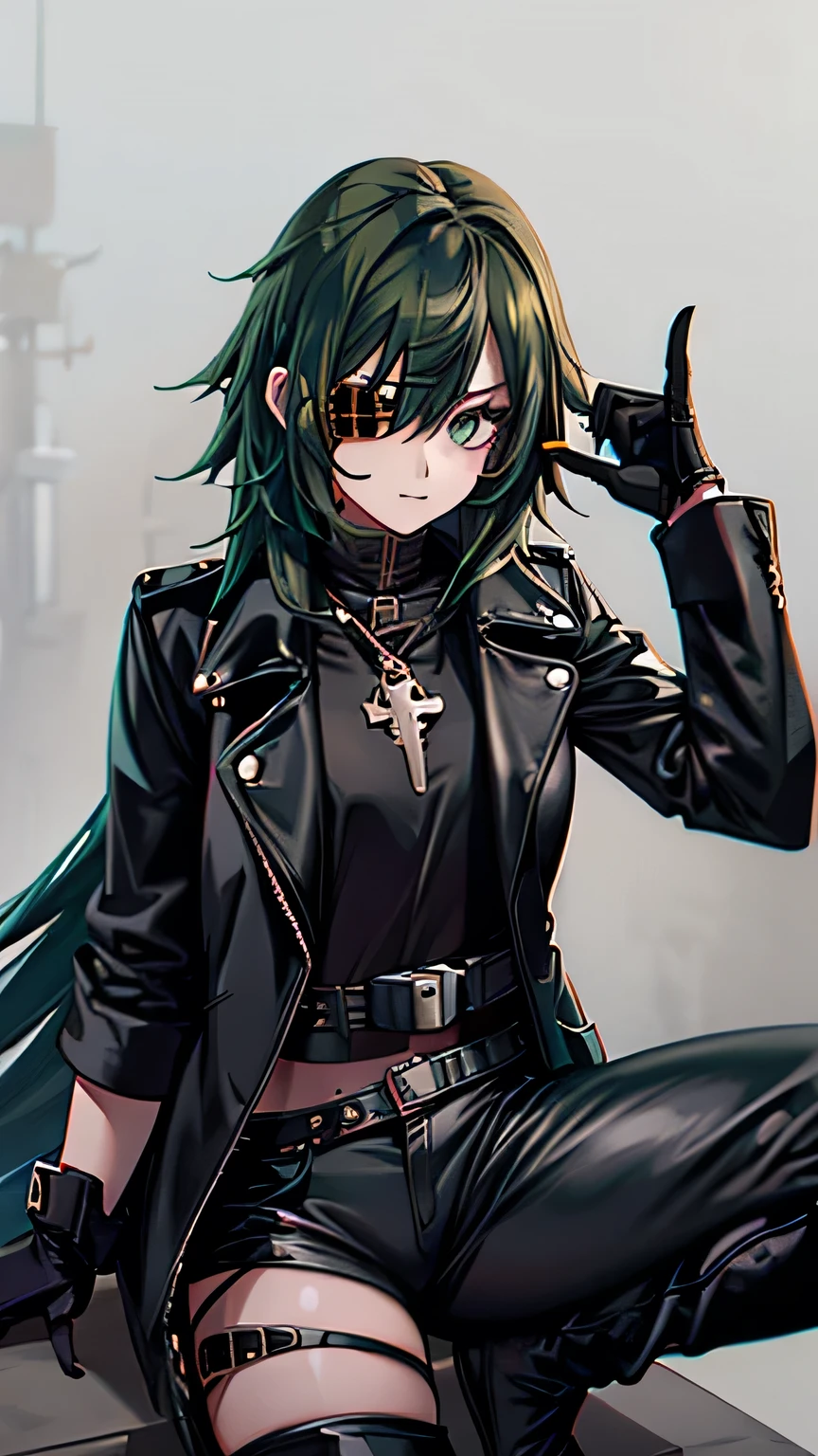  one girl， green hair， shortcuts， shortcuts，Eye patch(Right eye only)， green eyes(left eye only)， black leather jacket，black leather pants，black finger cutting gloves ， black boots，Around town， is cool， best quality，masterpiece