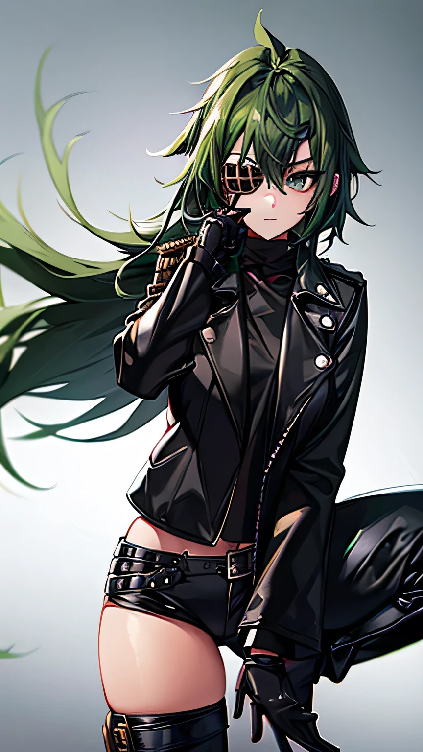  one girl， green hair， shortcuts，Eye patch(Right eye only)， green eyes(left eye only)， black leather jacket，black leather pants，black finger cutting gloves ， black boots，Around town， is cool， best quality，masterpiece