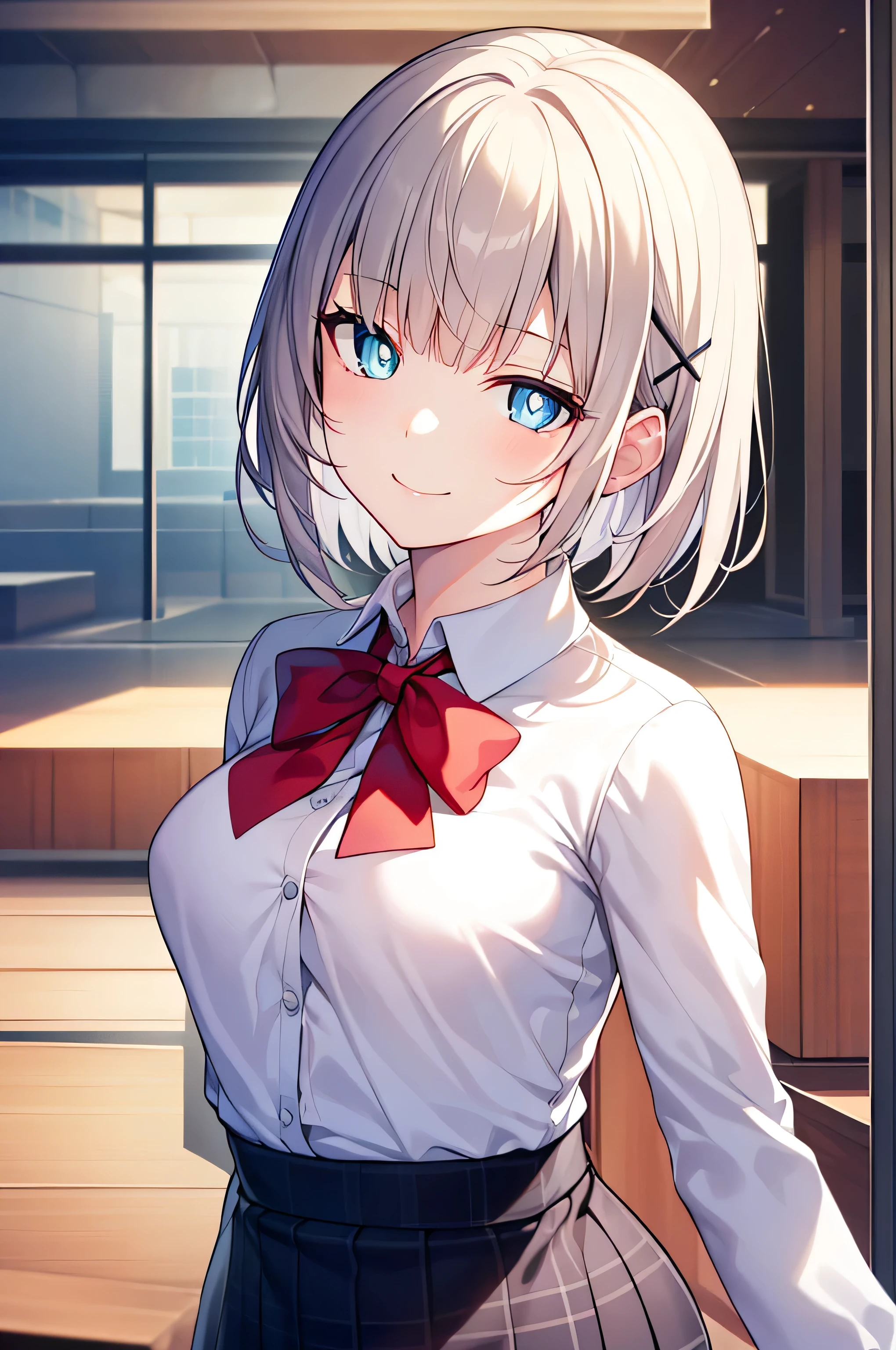 absurdres, highres,
BREAK
looking at viewer, upper body, (from below:1.5)
BREAK
(vivid-color:1.3)
BREAK
(one girl:1.3), (:1.2), blond hair, red eyes, hairclip, earrings, jewelry, nm1, hair ribbon, short hair, school uniform, (pleated super short skirt:1.4), (Very pretty pant), (thighs:1.3), (large ass:1.3), (ge breasts, cleav), (grin ), (skirt lift:1.2), open mouth, (breast:1.3), ass, round eyes,ing in the wi0.5), sweat around girl, dripping sweat, squall (wind:1.2), sense of speed, refreshing breeze, motion blur effect, wind
BREAK
background is (classroom:1.3), (Stand in the center of the screen:1.3), indoors, wind
BREAK
sunlight, magnificent view, light particles, dynamic angle, dutch angle, perspective
BREAK
(daytime, sunbeam:1.2), depth of field, bokeh, light leaks, (chromatic aberration:1.2), noon
BREAK