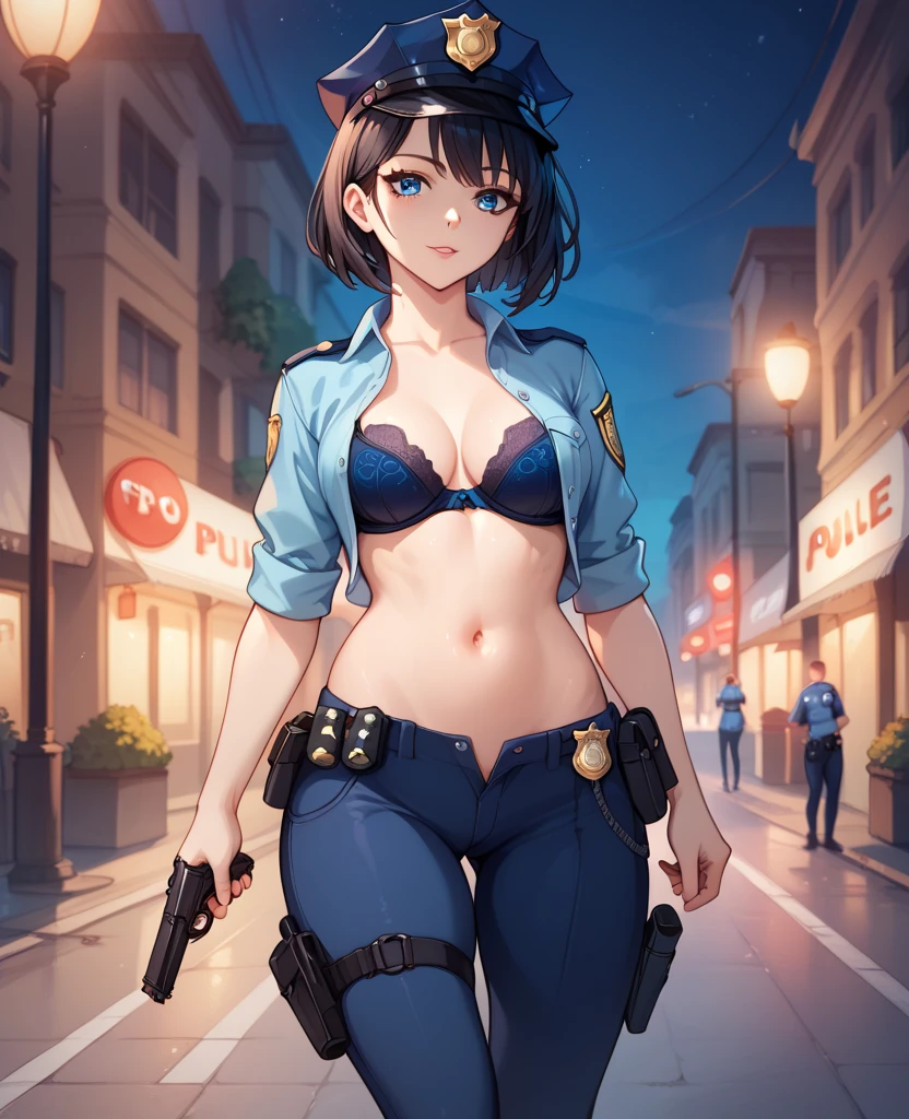 sensei, long hair, black hair, blue eyes, anatomically correct, best quality, masterpiece, high quality, high details, highres, HD, (shaded face:1.2), hollow eyes, blue eyes, looking at viewer, gloom (expression), makeup, lips, race queen, cropped jacket, highleg bikini, micro shorts, thigh boots, peaked cap, huge breasts, night, choker, looking_at_viewer, bokeh, blurry, breasts, solo, cityscape, building, city_lights, city, bokeh