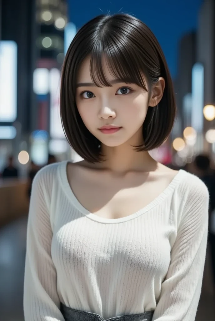 (nsfw:1.5), (masterpiece,  best quality:1.2), One Japanese girl, solo, 18 years old, sexy,((A very cute face like a popular idol)), Beautiful model、 smaller breasts,  black hair,  ( white off-the-shoulder sweater in the middle of the city, gray skirt in the middle of the city) 、 The background is a beautiful night view、 upper body