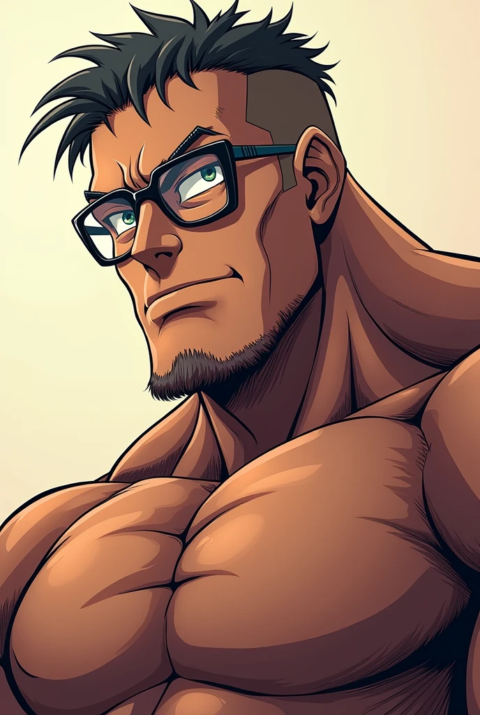 A muscular and attractive man, he doesn't wear a shirt, use glasses, He has a hairy chest and strong arms
