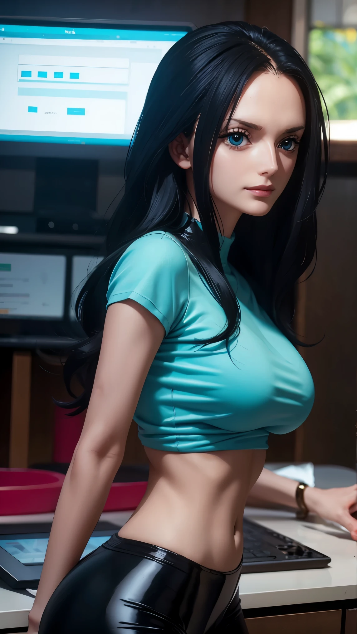 Nico Robin, 1girl, beautiful detailed eyes, beautiful detailed lips, extremely detailed face, long eyelashes, underboob t-shirt, latex leggings, perfect ass, perfect breast, perfect body, slim, sexy, beautiful, cute, smile, 8k, high quality, photorealistic, ultra-detailed, physically-based rendering, vivid colors, studio lighting, concept art