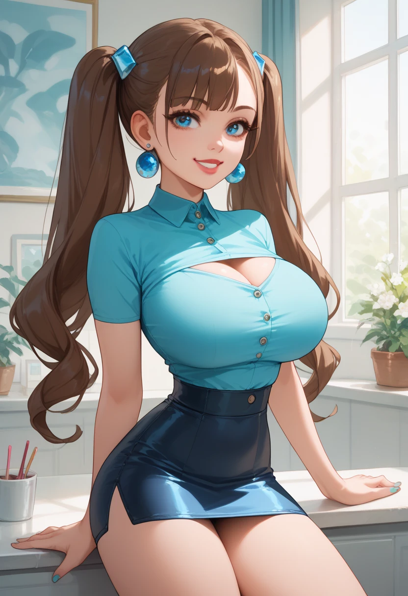 faucet laws ,  a girl, blue earrings,  long hair with 2 pigtails, alone,  lipstick,  brown hair, Aquamarine shirt,  mini skirt  ,  looking at the viewer, smile,  small waist ,  Big breasts,  tight clothing, sexy, Cream Limes 