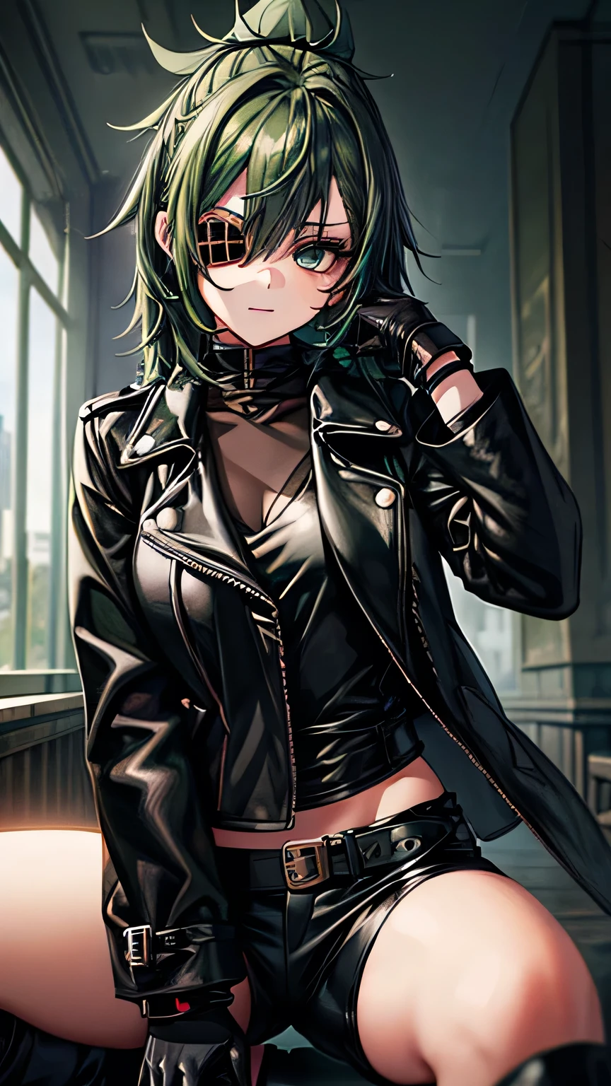  one girl， green hair， shortcuts， shortcuts，Eye patch(Right eye only)， green eyes(left eye only)， black leather jacket，black leather pants，black finger cutting gloves ， black boots，Around town， is cool， best quality，masterpiece