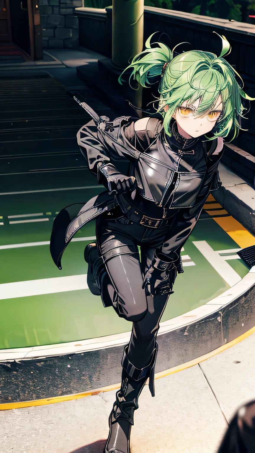  one girl， green hair， shortcuts， shortcuts，Yellow Eyes， black leather jacket， off shoulder，black leather pants，black finger cutting gloves ， black boots，Around town， is cool， best quality，masterpiece