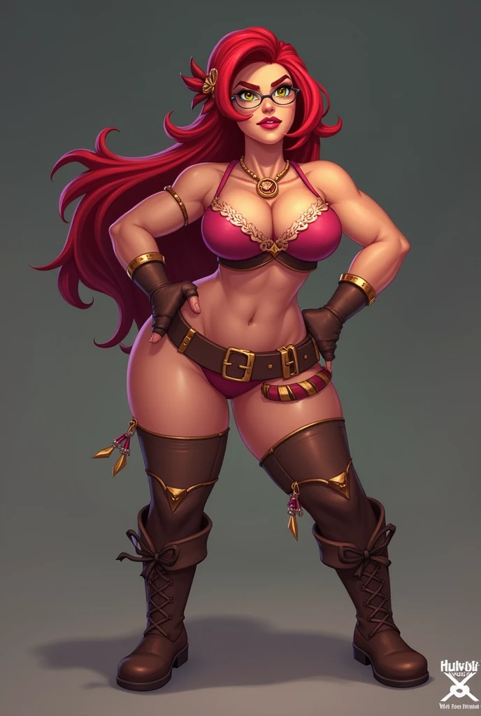 Imagine an adult woman with a statuesque figure, defined shoulders and a marked waist that enhances the sensuality of her curves. Her firm and generous breasts add a touch of power to her presence. The beautifully sculpted face is illuminated by intensely red eyes that exude determination and mystery. Her vibrant red hair is skillfully braided and reaches to her waist with white tips, creating a striking contrast. Demon horns protruding from her head, beautiful horns with a dark red color. This woman possesses a demonic aura that is reflected in her gaze. penetrating and in every line of his facial expression. Choosing red armor without shoulder pads accentuates your strength and elegance, while the corset highlights the fullness of your breasts, adding a seductive touch. The black forearms add an intriguing element to his appearance, contrasting with the skin and highlighting his unique nature. Completing the outfit, ripped pants add a touch of rebellion and demonic style to your ensemble. Every detail of his physical appearance contributes to creating a captivating and powerful image,standing,full body,(UHD),(8K),(Good quality),Good focus on the character,Better details.