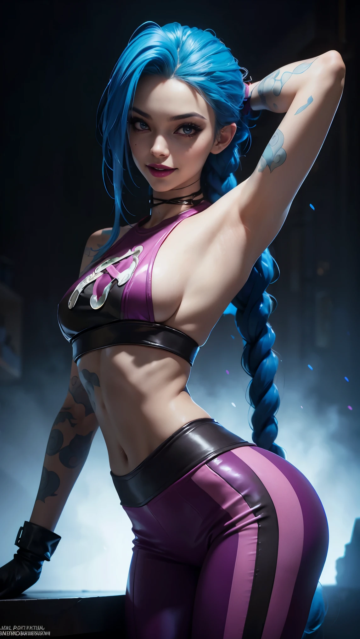 Ninja girl, cleopatra hair, rainbow hair, ponytail hair, extreme muscular body, huge breasts, huge ass, fair skin, fishnets, pink ninja outfit, ninja mask, oni horns and blue eyes.