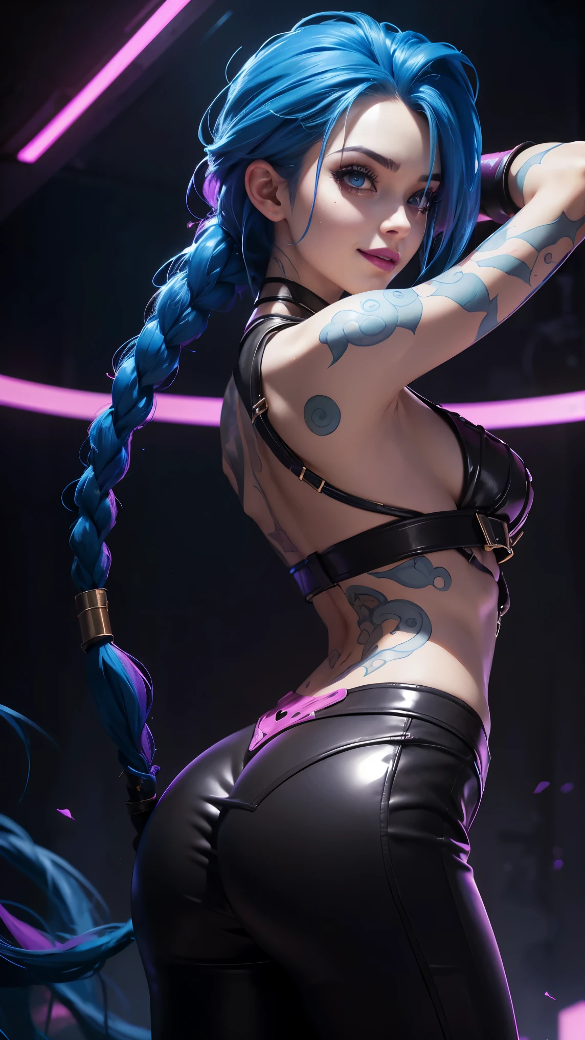 there is Jinx League of Legends standing, long blue platted hair, nice ass, thigh high boots, 3 d neon art of a woman's body, neon-noir background, cyberpunk femme fatale, seductive cyberpunk dark fantasy, cyberpunk strip clubs, cyberpunk 20 y. o model girl, oppai cyberpunk, banner, high definition cgsociety, cgsociety masterpiece, trending on cgstation, kda, random hair, looking at camera, gigantic breasts, cleavage, (high detailed skin:1.2), 8k uhd, dslr, super lighting, high quality, film grain, high res, highly detailed, hyper realistic, beautiful face, beautiful body, beautiful eyes nose lips, alluring expression, very bold, upper visible, full body photo, standing legs apart, pale translucent glowing skin, most beautiful face, cute, (well defined pubic hair:1.2)), (dark plain black background:1.4))