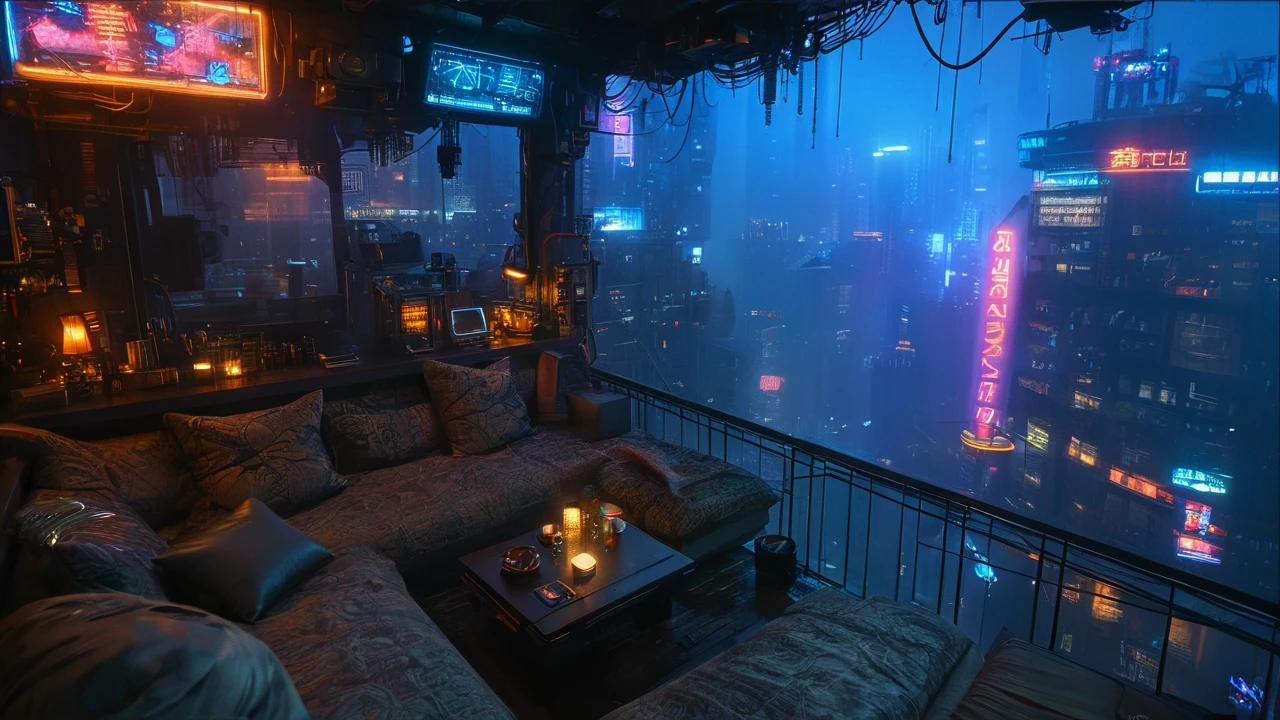  city view, like the Blade Runner scene, has a sofa and table,  cyberpunk settings ,  cyberpunk atmosphere, Cyberpunk dream world, Blade Runner vibes, the Cyberpunk Apartment , The room with a ,  Dirty Cyberpunk City , Dystopian City Apartment ,  cyberpunk lights ,  Cyberpunk Aesthetics ,  Blade Runner Apartment , Cyberpunk Apartment , neon rainy  cyberpunk settings ,  cyberpunk atmosphere