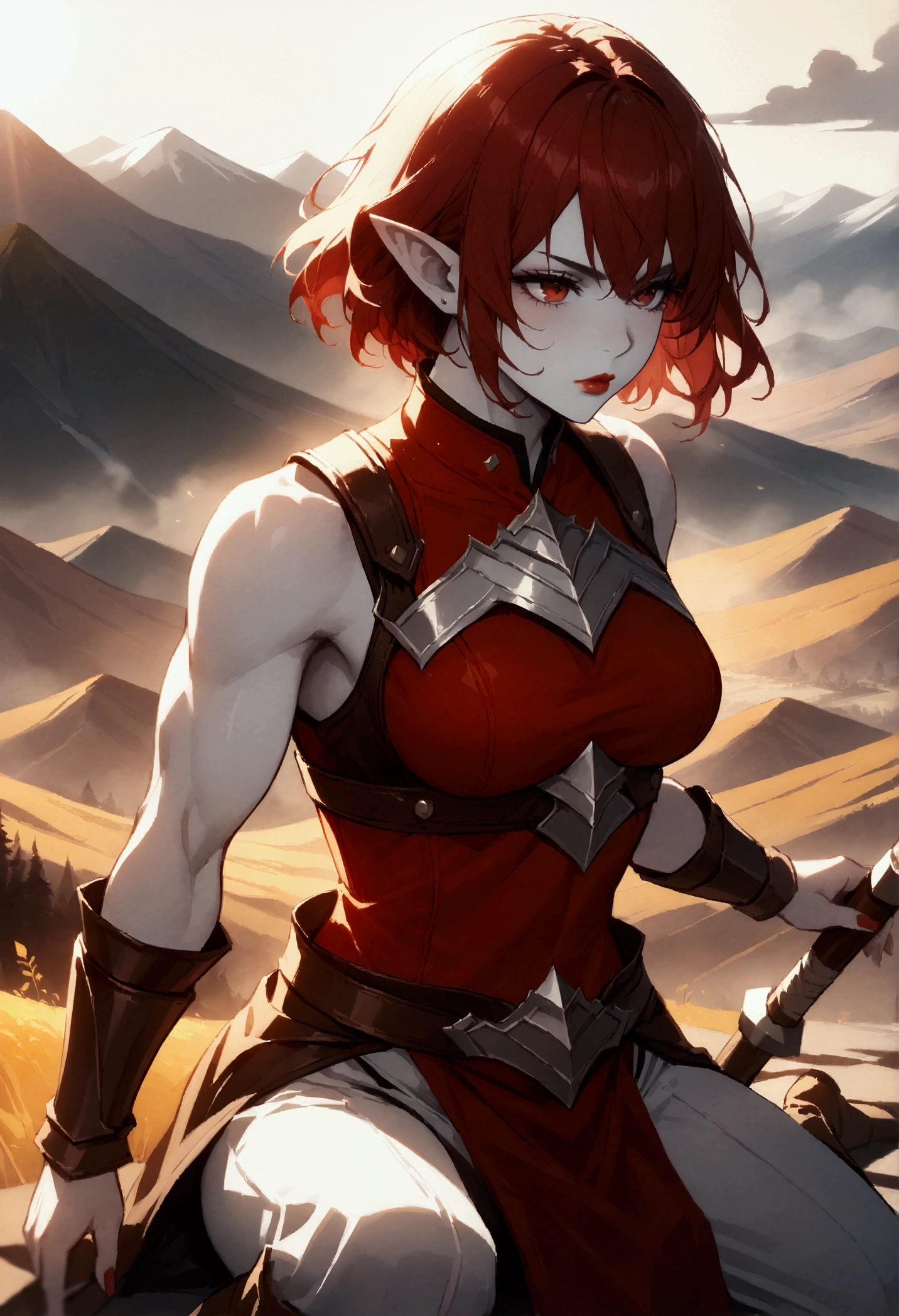 (1  muscular beauty female,half orc, humanoid,green skin, messy red hair,scar:1.2),medium breasts, fantasy world, medieval, cave, mining operation, fortifications, (gorgeous steel armor, threatening armor, chest plate, gauntlets:1.2), red cape,dynamic fighting pose,dynamic angle,cameltoe,from below,angry,holding weapon(,from behind),Looks Back,ass