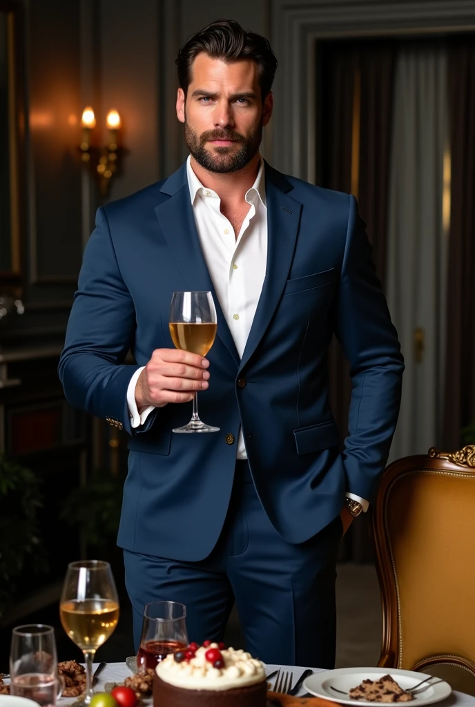 A super realistic photo of a man sitting, dressed in an elegant suit and jeans, a realistic image of an attractive man taking a drink at a super realistic bar.