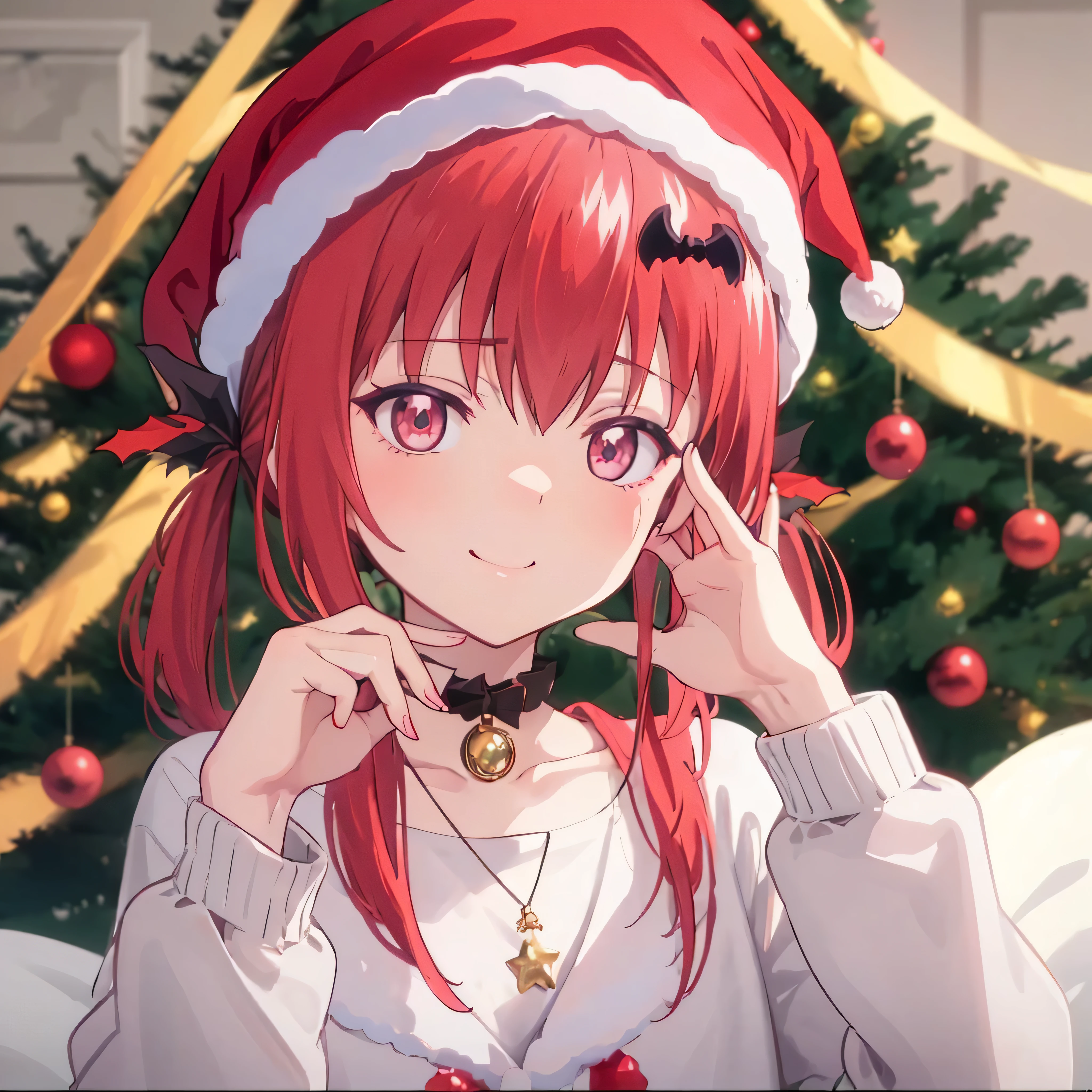 Christmas beautiful night schedule
Satanichia McDowell gentle look with a smile 
Christmas accessory on your neck and Christmas hat 
Sitting doing some poses and dressed in white Christmas clothes 
with a nice Christmas tree 

Magenta eyes 

And red hair tied with 2 pigtails
A lonely girl 
Beautiful little face

perfectly detailed hands and arms