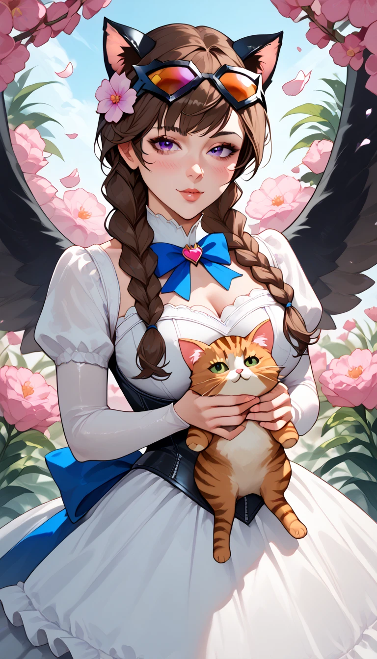 1girl, animal ears, purple eyes, brown hair, wings, solo, long hair, blush, cat ears, flowers, looking at viewer, braids, bows, dresses, pink flowers, bows, hair accessories, bangs, cats, hair flower, animal ear hair, holding, virtual youtuber, blue bow, holding animal, catwoman, stuffed toy