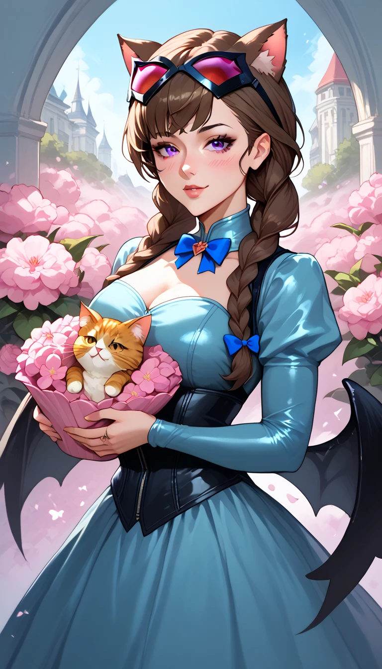 1girl, animal ears, purple eyes, brown hair, wings, solo, long hair, blush, cat ears, flowers, looking at viewer, braids, bows, dresses, pink flowers, bows, hair accessories, bangs, cats, hair flower, animal ear hair, holding, virtual youtuber, blue bow, holding animal, catwoman, stuffed toy