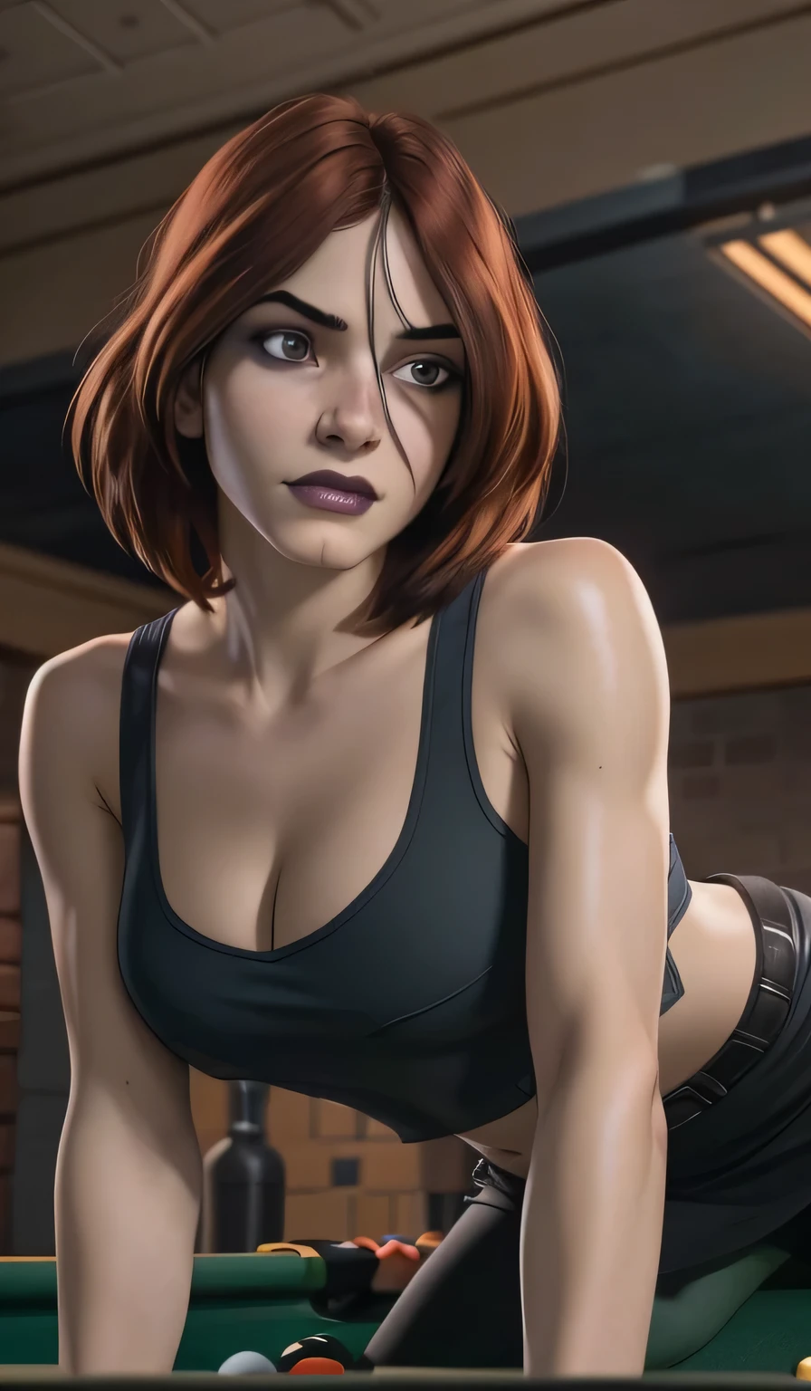 1girl in, 18, Rogue Waifu, photo of perfect woman, Rogue from X-Men, Solo, Aesthetic artwork, (cropped hair, short hair, short brown hair with white bangs), (clear skin, pale skin, large breasts, DD-cup, runners body, very thin waist, skinny, petite, detailed skin texture), (lying face down over a pool table, serious expression, cleavage, focus on breasts:1.2), (X-Men), (wearing an small cropped black tank top, dark moody makeup, mini pencil skirt:1), (mansions kitchen, detailed bar background:1.3), (extremely detailed 8k wallpaper), soft lighting, high quality, film grain, Fujifilm XT3 sharp focus, f 5.6, 50mm, High Detail, Sharp focus,(natural light), crazy details, complex details, hyper detailed. (cowboy photo:1.2), light particles, sfw