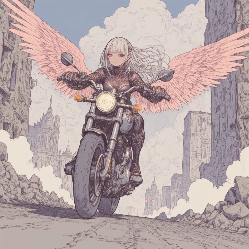  silver hair girl with angel wings wearing armor and riding a Harley motorcycle, driving  inside ancient city ruins and go through dark cape., android, mechanical joints, sky of the city, clouds.  (best quality, masterpiece, ultra-detailed, illustration:1.2),(8K wallpaper),(beautiful detailed eyes:1.2), beautiful, amazing, detailed eyes, flying flower, (detailed skin),Pastel color,AddXL, pencil outline,