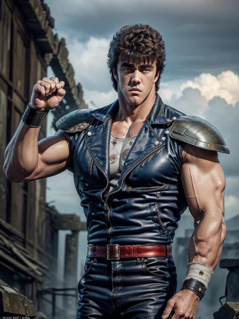 ((kenshirou:1.25)), (((ancient ruined city:1.25, Doomsday City, sunlight filtering through clouds:1.25, Clear blue sky))), crumbling towers, intricate architecture, sense of decay and abandonment, (fist in hand pose, Fighting Stance), ((Kenshiro-like hairstyle, Short unkempt hair)), Brownish black hair, (blue jacket, red undershirt), Thick eyebrows, handsome face, (RAW photo:1.2),(photorealistic:1.4),(masterpiece:1.4),(best quality:1.4), ultra high res, HDR, 4k, detailed skin texture, detailed cloth texture