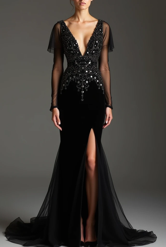 Vestido elegante y largo para ir a un baile formal, de color negro y talles plateados; escote en V profundo y espalda descubierta. Con dalias negras; mangas de encaje negro transparente 